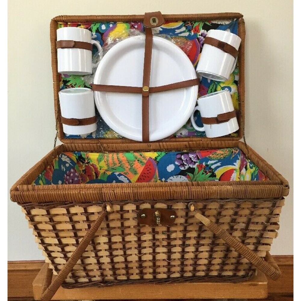 Vtg Woven Wicker Rattan Picnic Basket Complete Plates Cups Flatware Fabric Lined